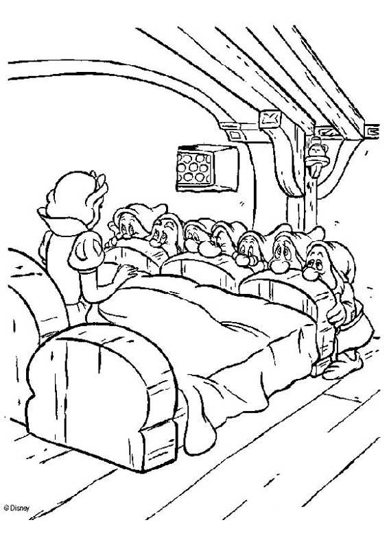 coloriage les nains decouvrent blanche neige dans leur lit